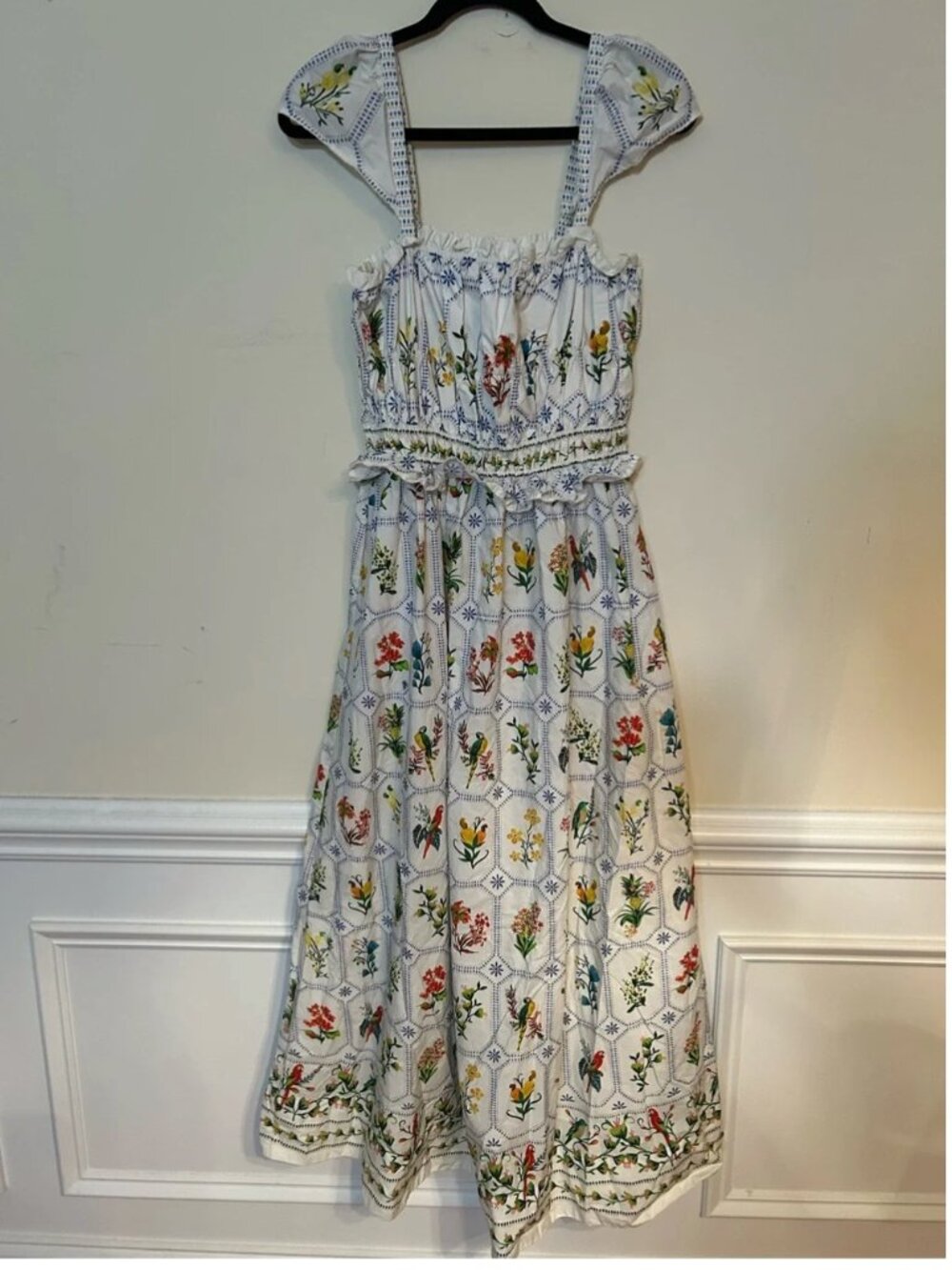 Farm Rio Tropical Porcelain Birds Floral Print Cotton Maxi dress size L - Picture 2 of 6
